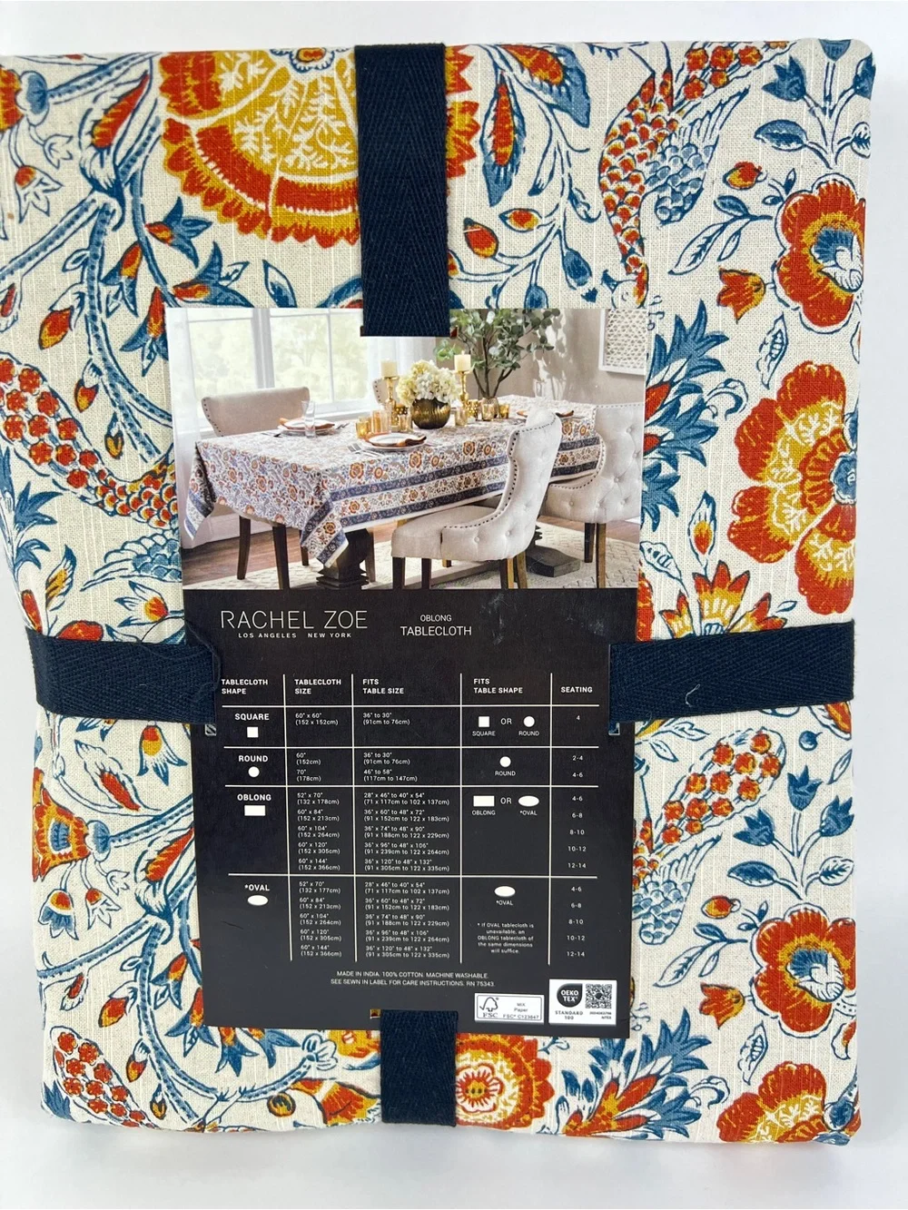 Rachel Zoe FALL Tablecloth 6 Napkins Blue Orange Cream Floral Birds 60 x 120 NEW